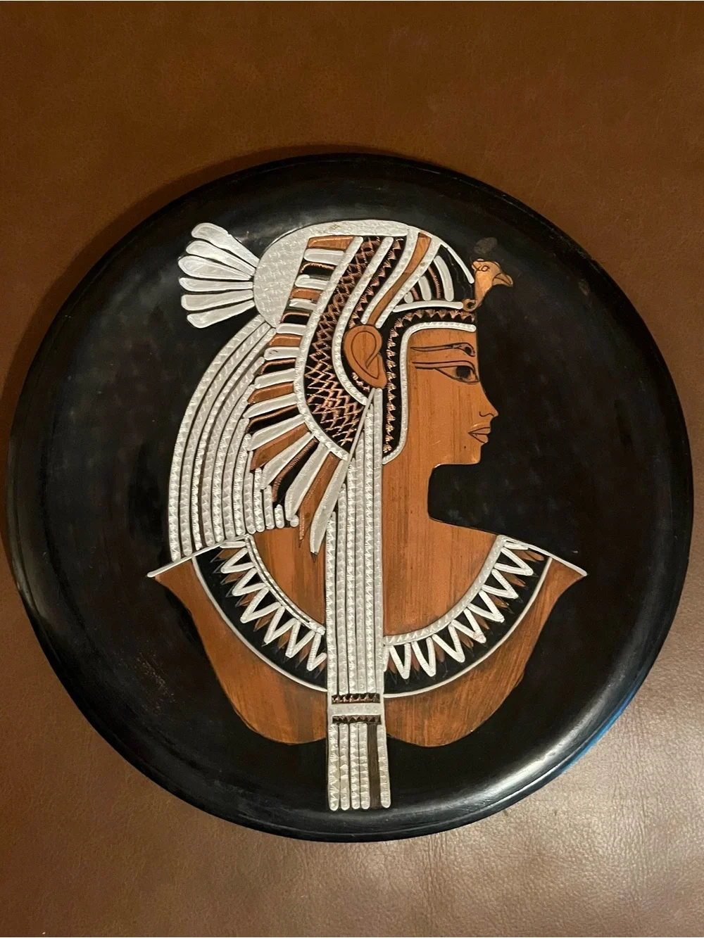 Vtg Hammered Copper Wall Plates w/ Egyptian Motif in Mixed Metals. Set of 2.